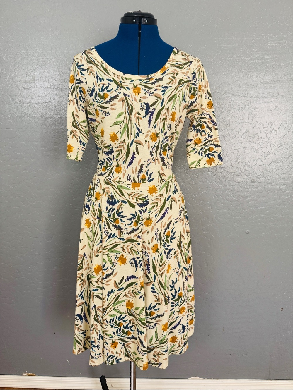 LuLaRoe Cream Midi Dress with Green, Navy and Mustard Floral Print